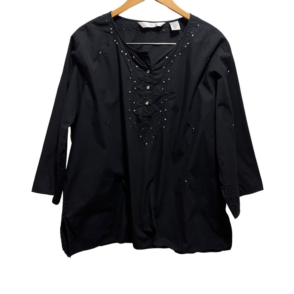 ALC Woman Black 1/4 Button Down 3/4 Sleeve Pullover Lightweight 100% Cotton